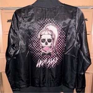 Lady Gaga 2010 Tour Jacket - Black Satin Bomber Jacket with Pink Skull Graphic